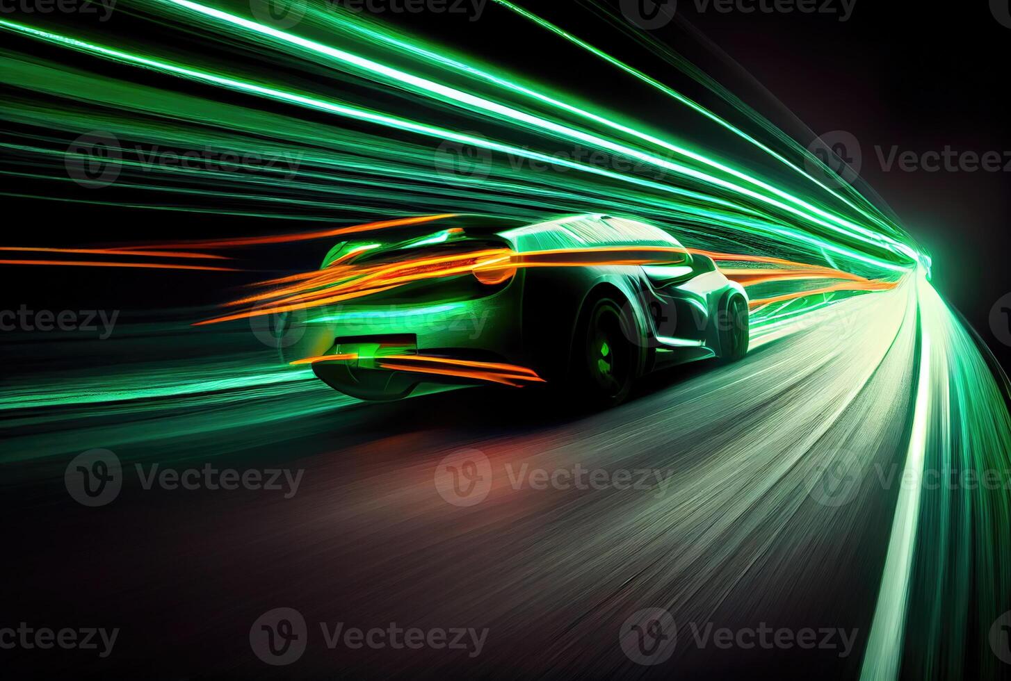Car speed with blurry light trail in the dark background. Transportation and Technology concept. photo