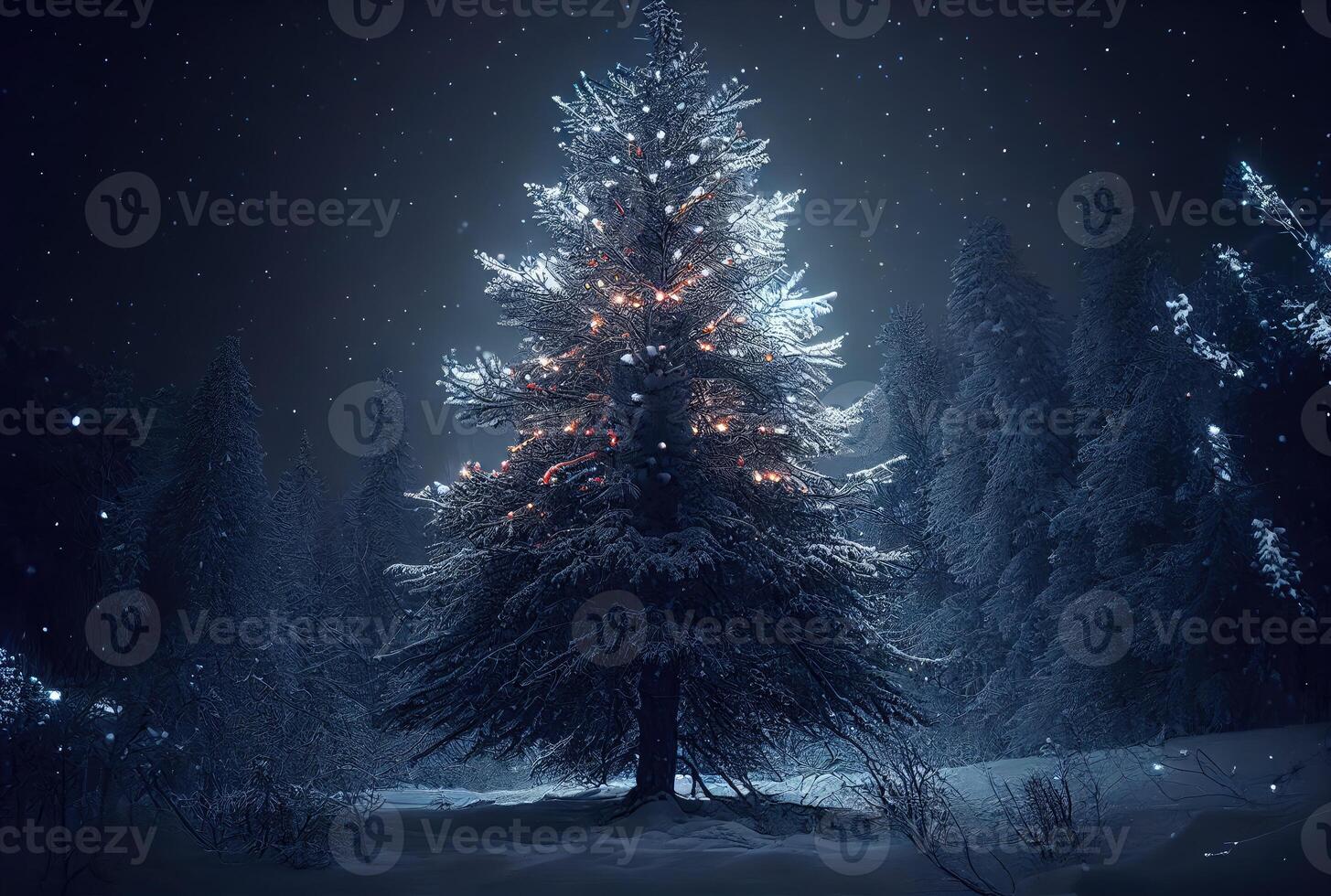 Decorated enchanted Christmas tree with illumination glowing lighting in snowy winter background. Holiday and festival concept. photo