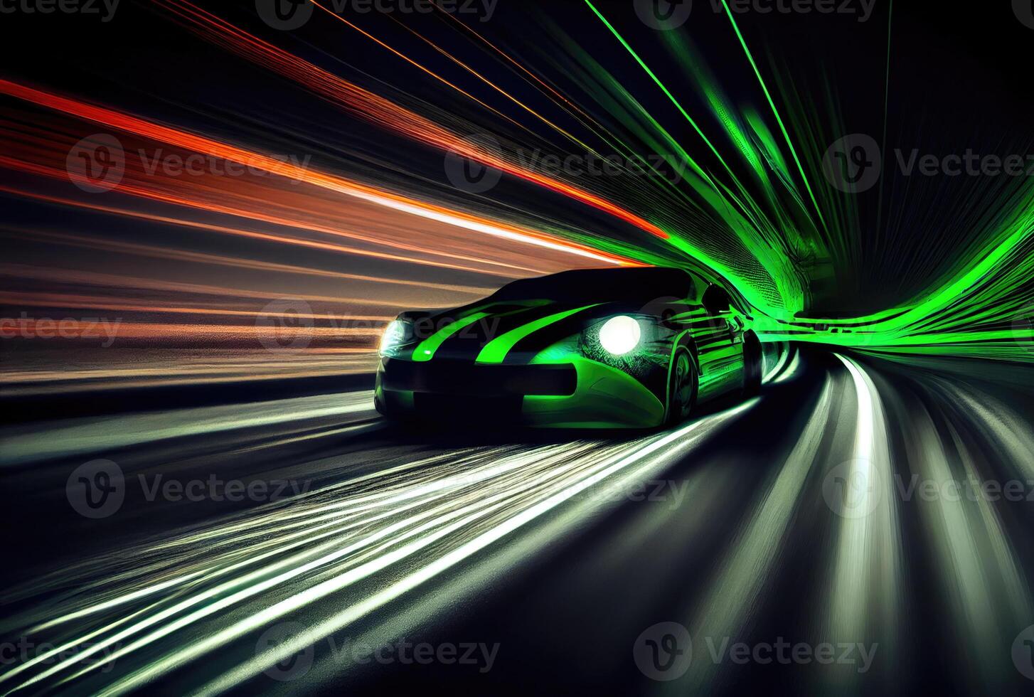 Car speed with blurry light trail in the dark background. Transportation and Technology concept. photo