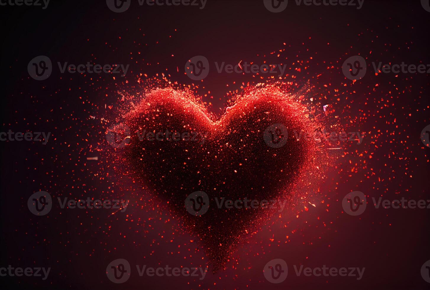 Red heart with dust particle disintegration effect on red background. photo