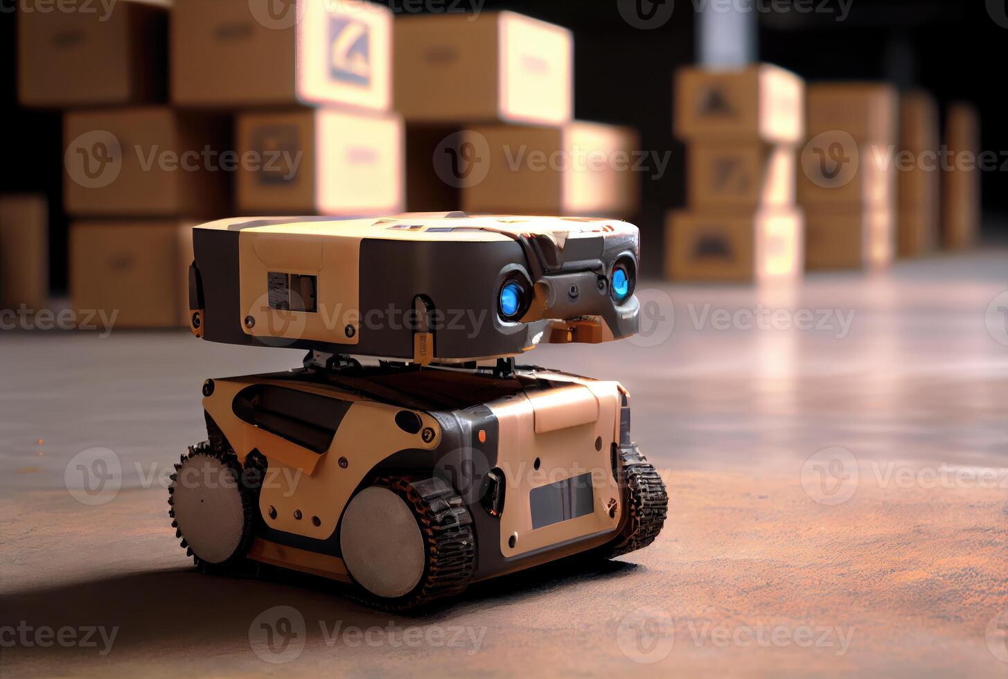 Robot AGV transporting cardboard box in warehouse background. Technology innovation and delivery concept. photo