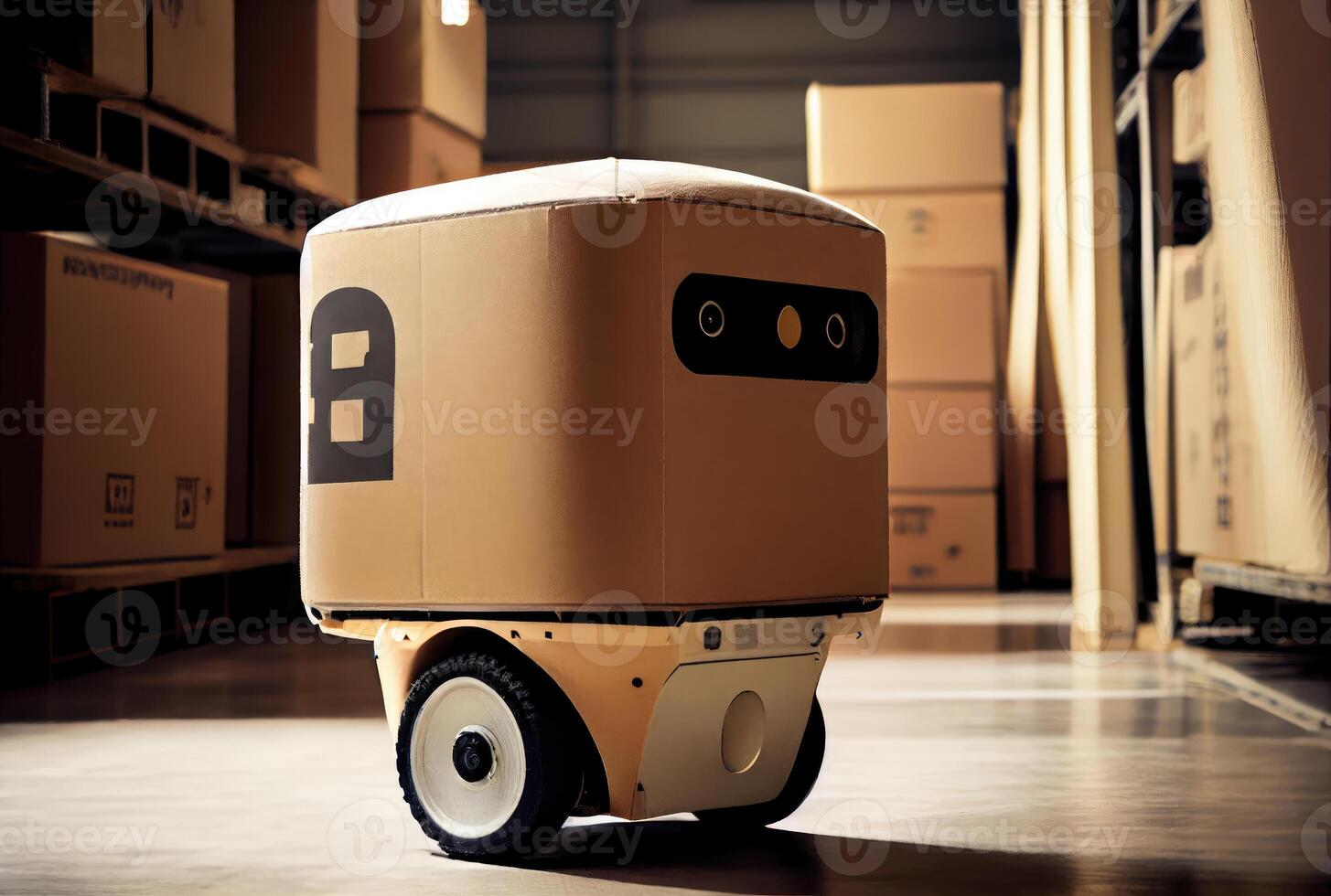 Robot AGV transporting cardboard box in warehouse background. Technology innovation and delivery concept. photo