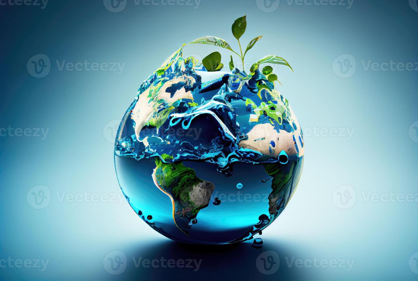 Earth in water drop shape dropping on the ground background. Environment and World savings concept. Digital art illustration. photo