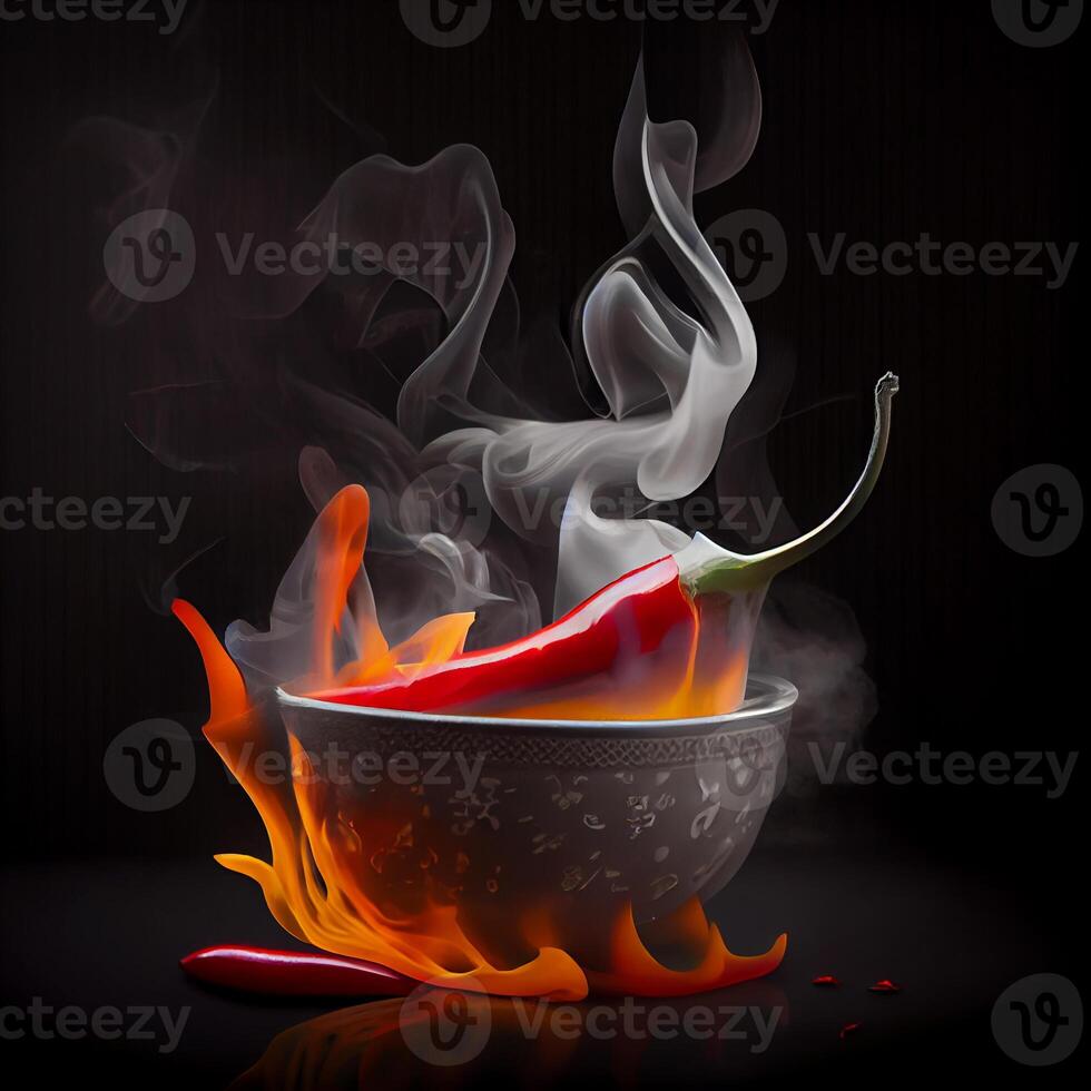 Red chili with burning fire flame in hot pot on black background. photo