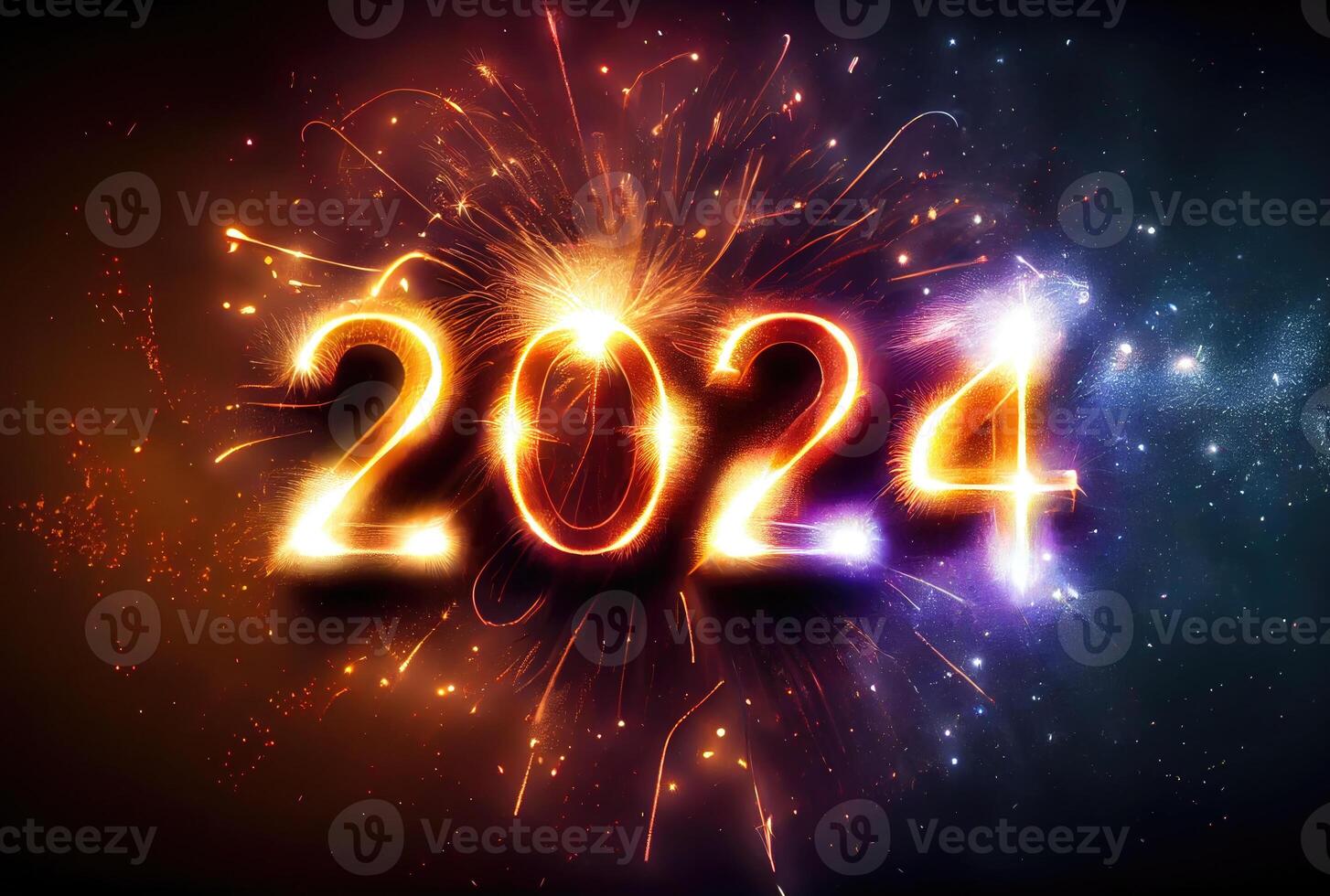 2024 New Year celebration with colorful fireworks on dark background. Happy New Year the year of Dragon and Greeting card concept. photo