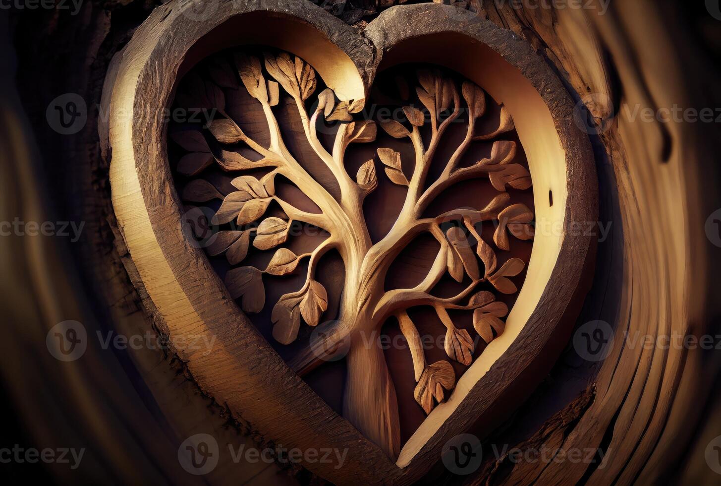 Heart shape carved on the tree background. Beauty in nature and Handmade concept. Digital art illustration. photo