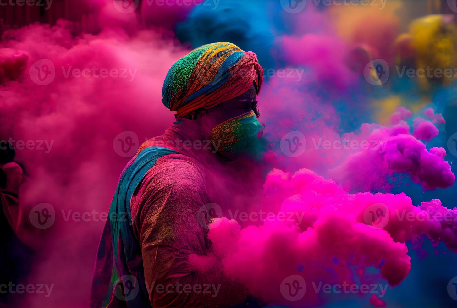 Hindu people with colorful starch powder in Holi festival or festival of colors. photo