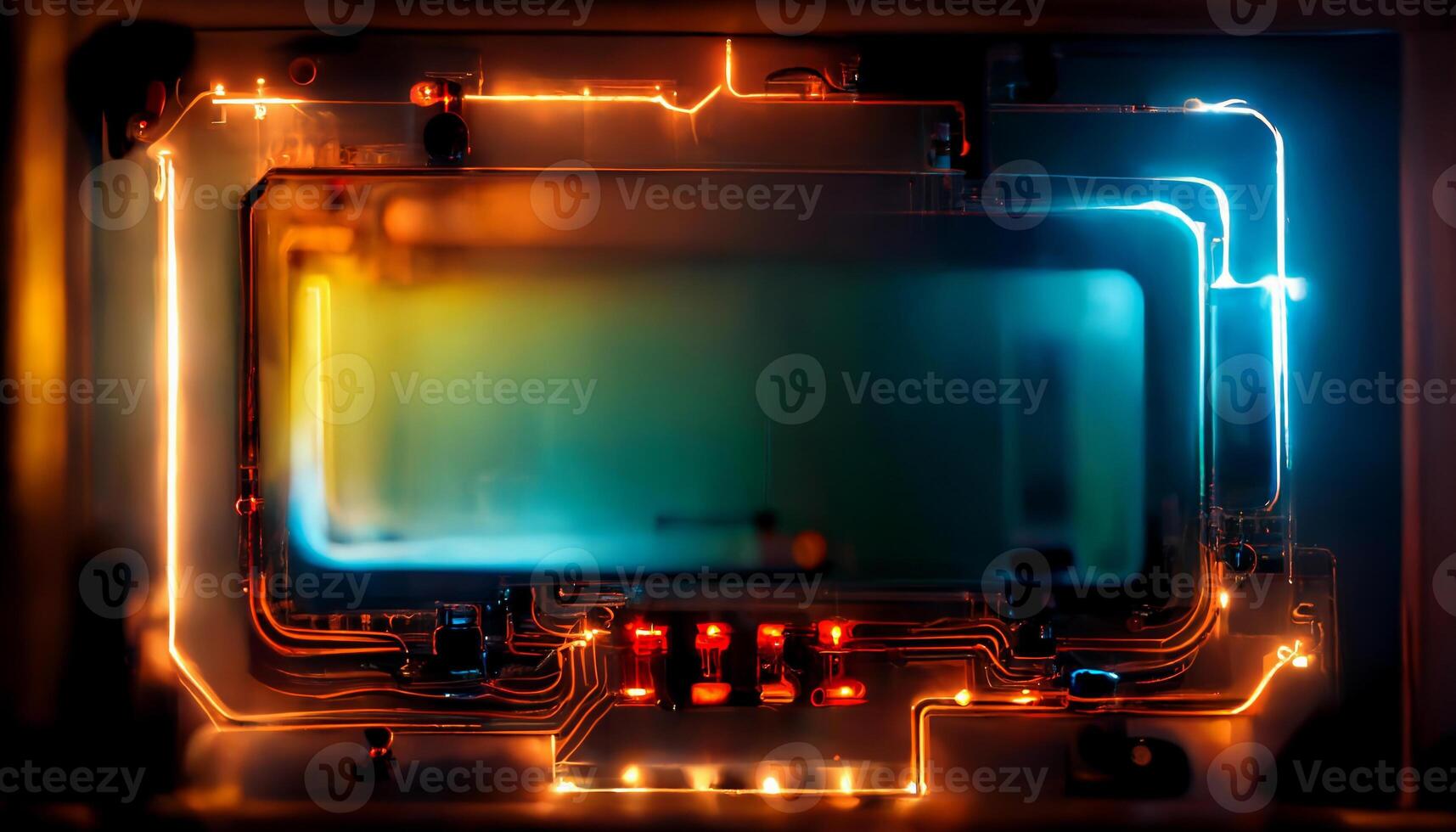 Electrical glowing lighting neon circuit on CPU mainboard background. Technology and abstract concept. photo