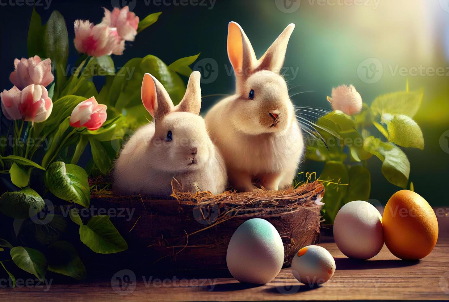 Rabbits family in the nest with many colorful Easter eggs for Happy