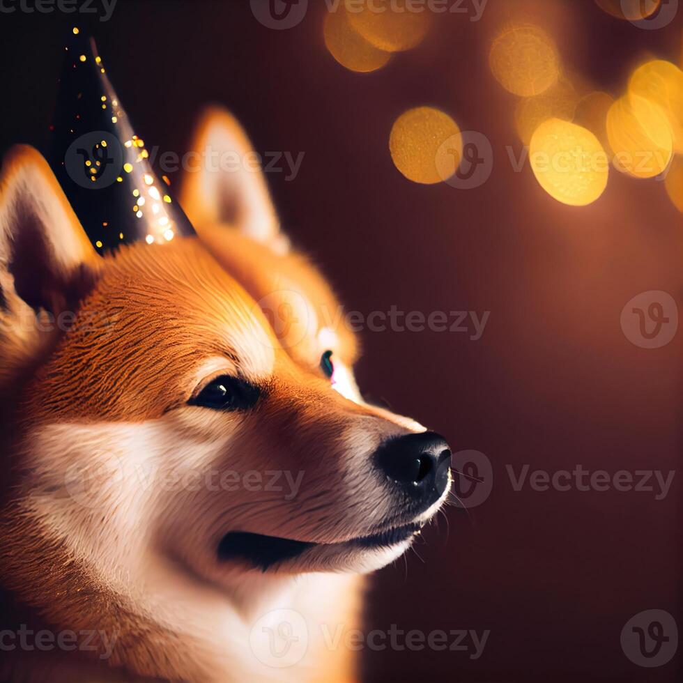 Happy Shiba inu dog in party with bokeh light background. Animal and pet concept. photo