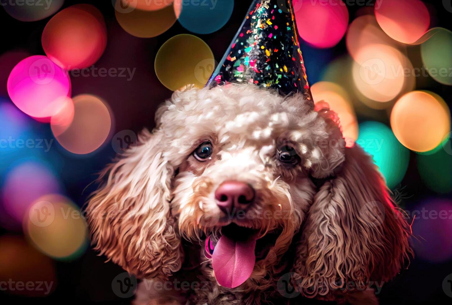 Closeup of portrait happy Poodle do wearing party hat for celebration with bokeh background. Animal and pet concept. photo