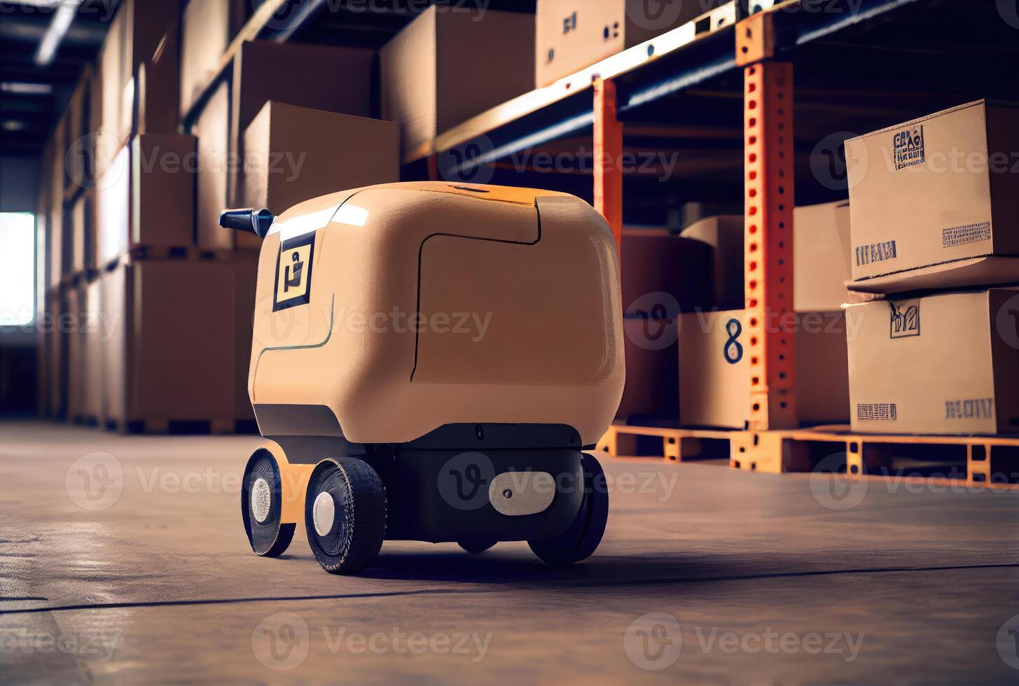 Robot AGV transporting cardboard box in warehouse background. Technology innovation and delivery concept. photo