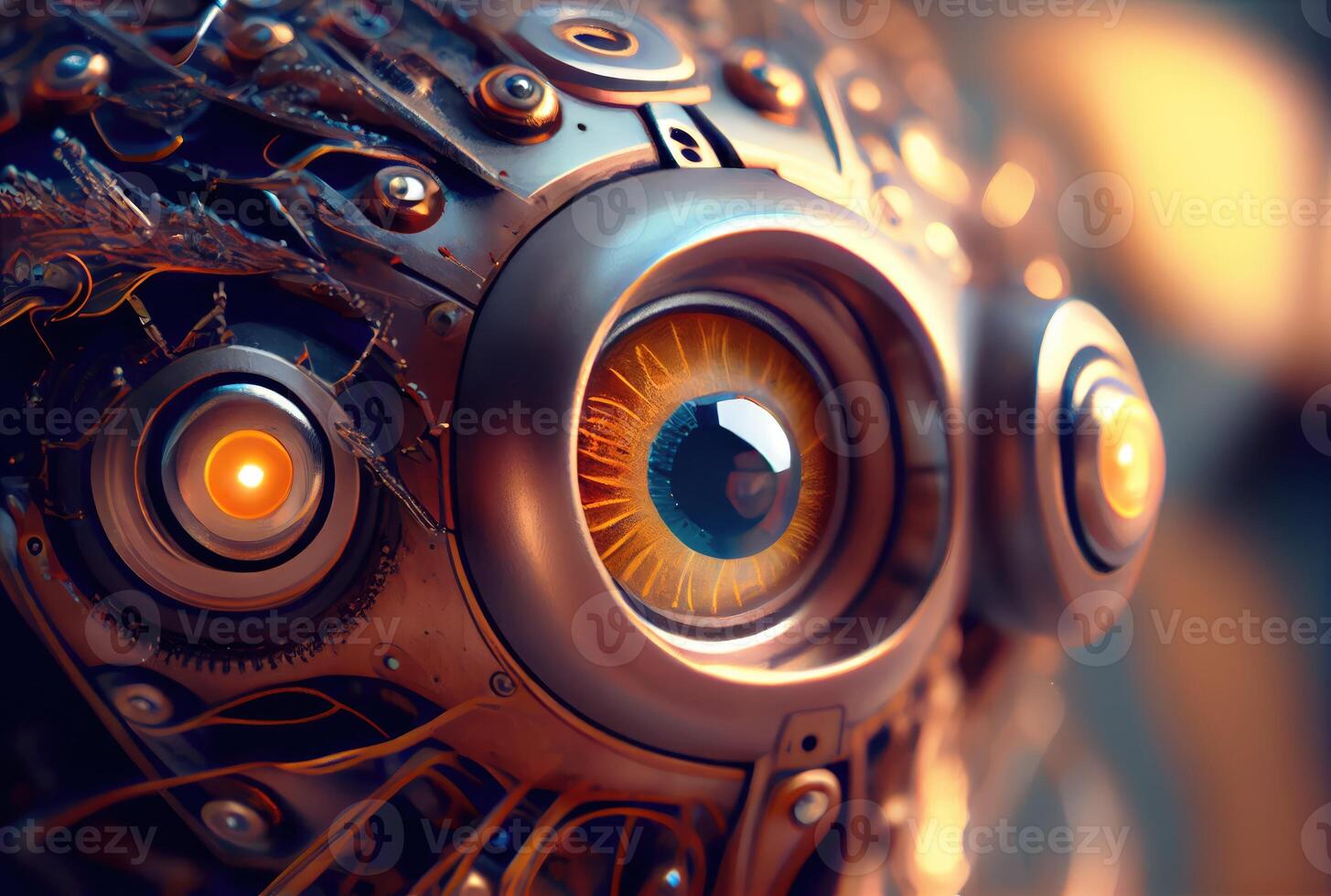 Closeup of yellow robot eyes with metallic structure background. Technology and Innovation concept. photo