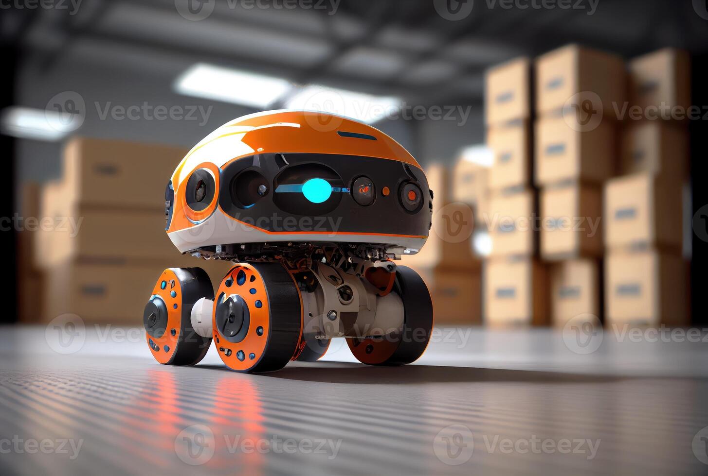 Robot AGV transporting cardboard box in warehouse background. Technology innovation and delivery concept. photo