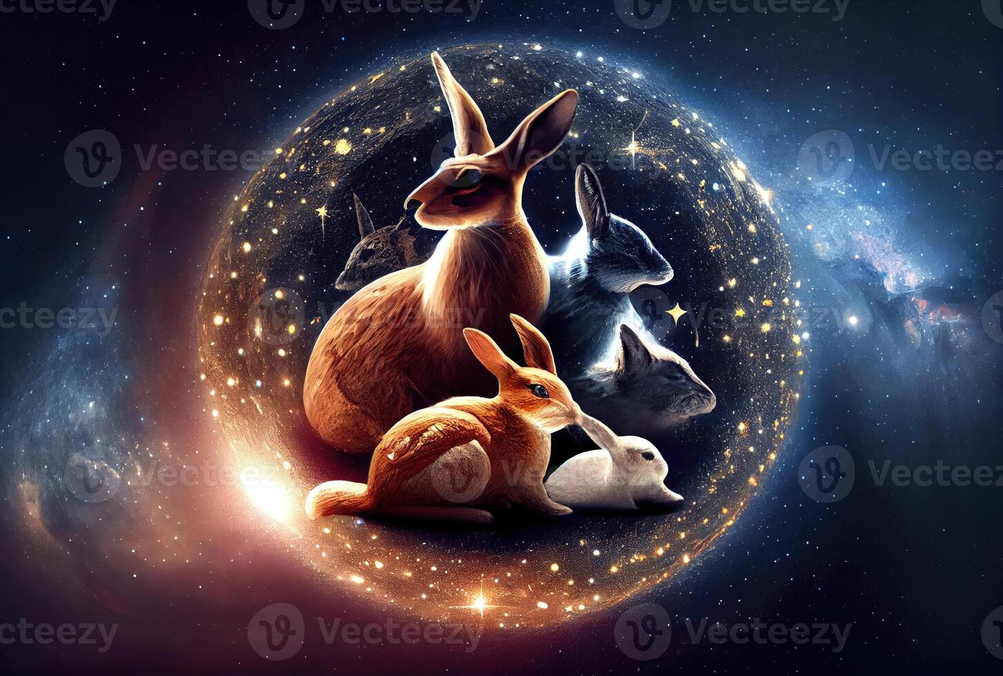 Rabbit zodiac constellation star sign and symbol in the universe with shining stars background. photo