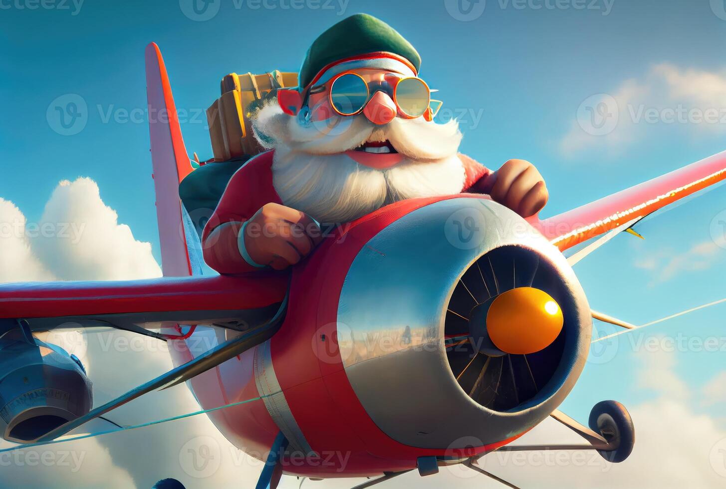 Santa Claus flying on a propeller plane above the blue sky and cloudy background. Merry Christmas and Happy new year concept. Digital art illustration. photo