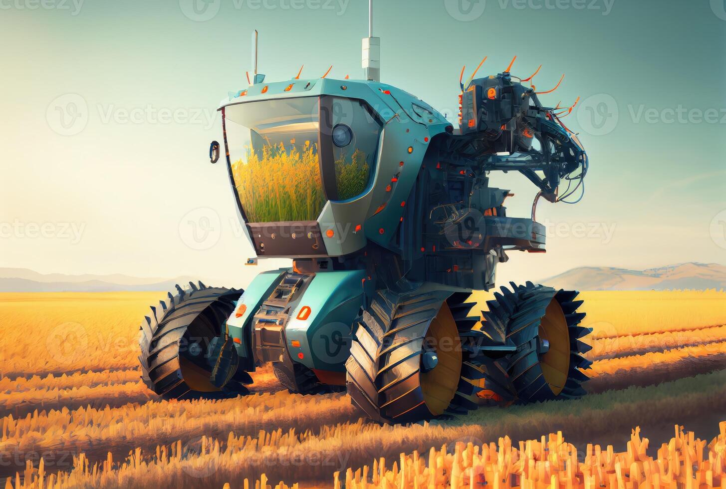 robot agricultura cosecha agrícola productos en cosecha campo. innovador futuristic tecnología y 5g inteligente agricultura concepto. generativo ai foto