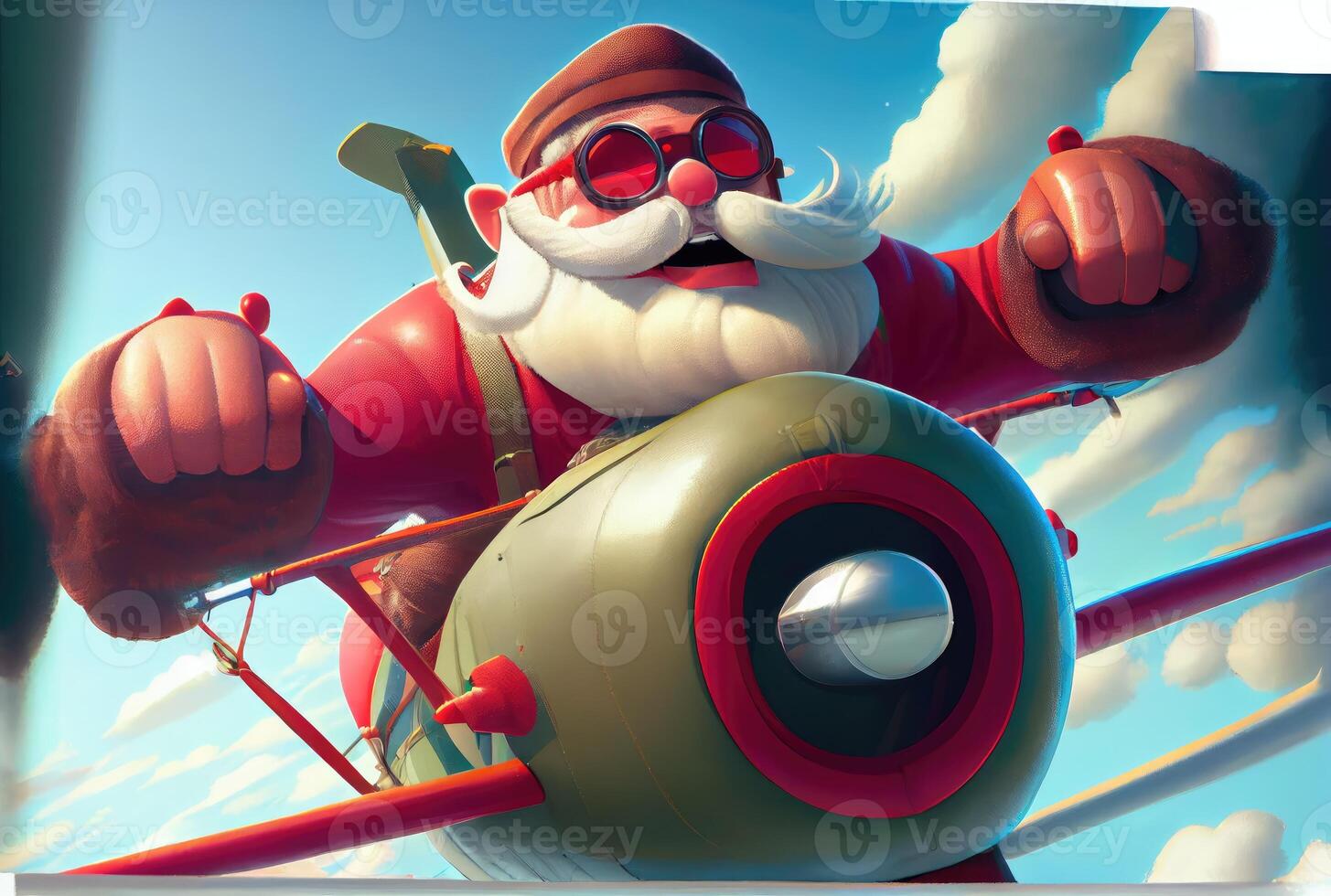 Santa Claus flying on a propeller plane above the blue sky and cloudy background. Merry Christmas and Happy new year concept. Digital art illustration. photo