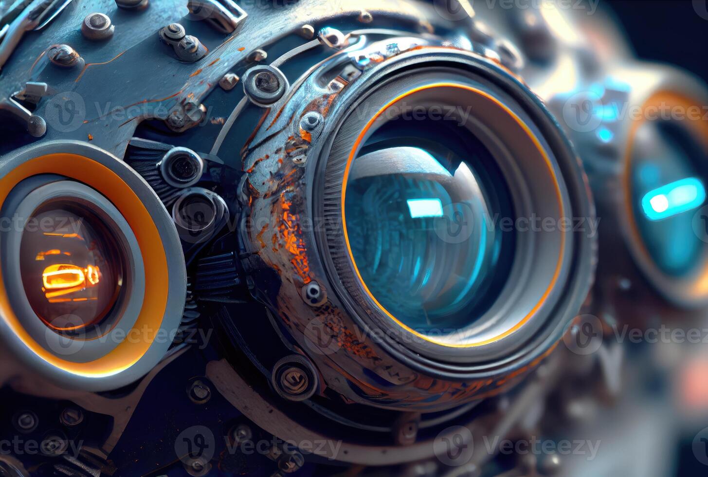 Closeup of blue robot eyes with metallic structure background. Technology and Innovation concept. photo