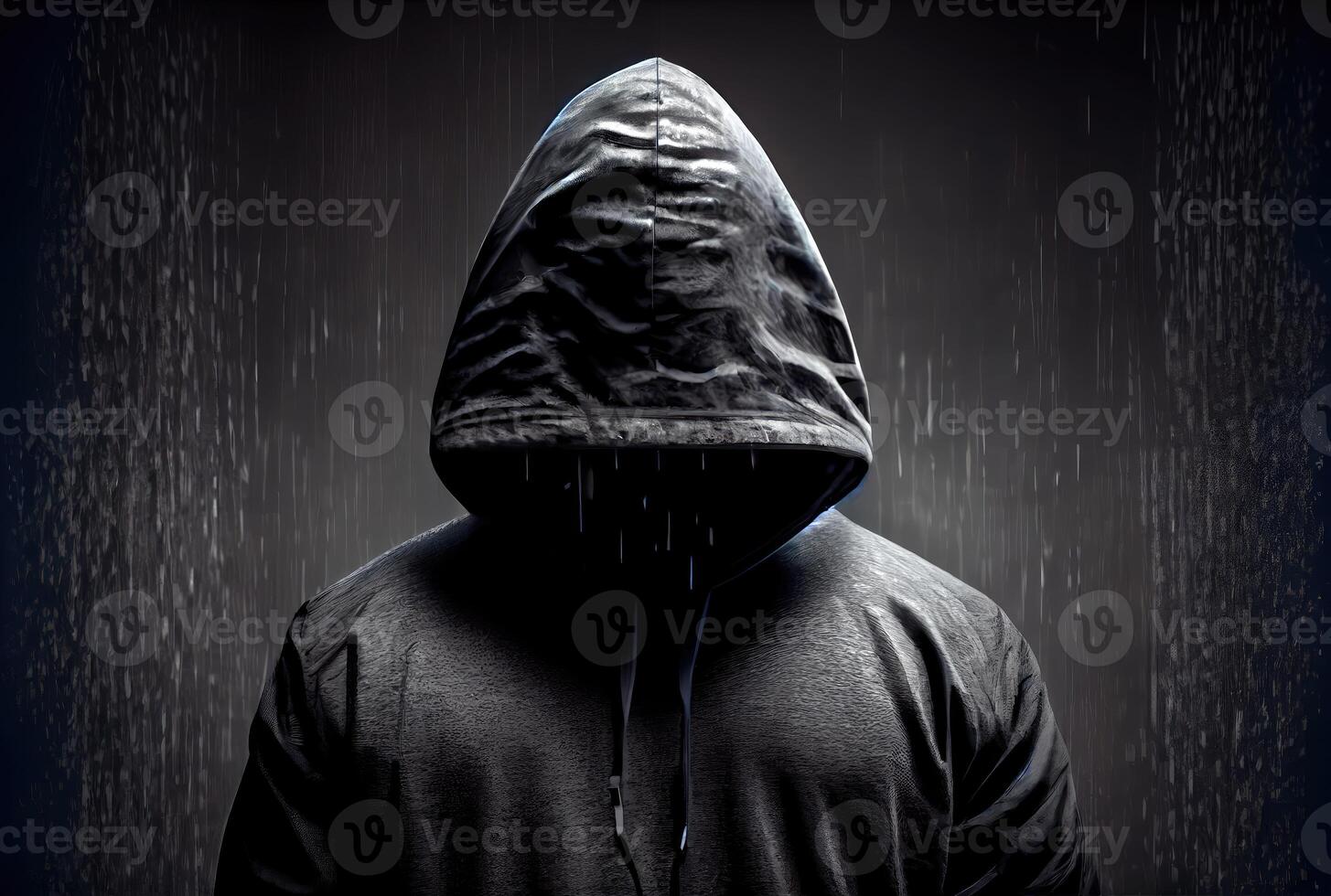 Man in a black hood covered with shadows. Unrecognizable criminal with no face. People and Criminal concept. photo