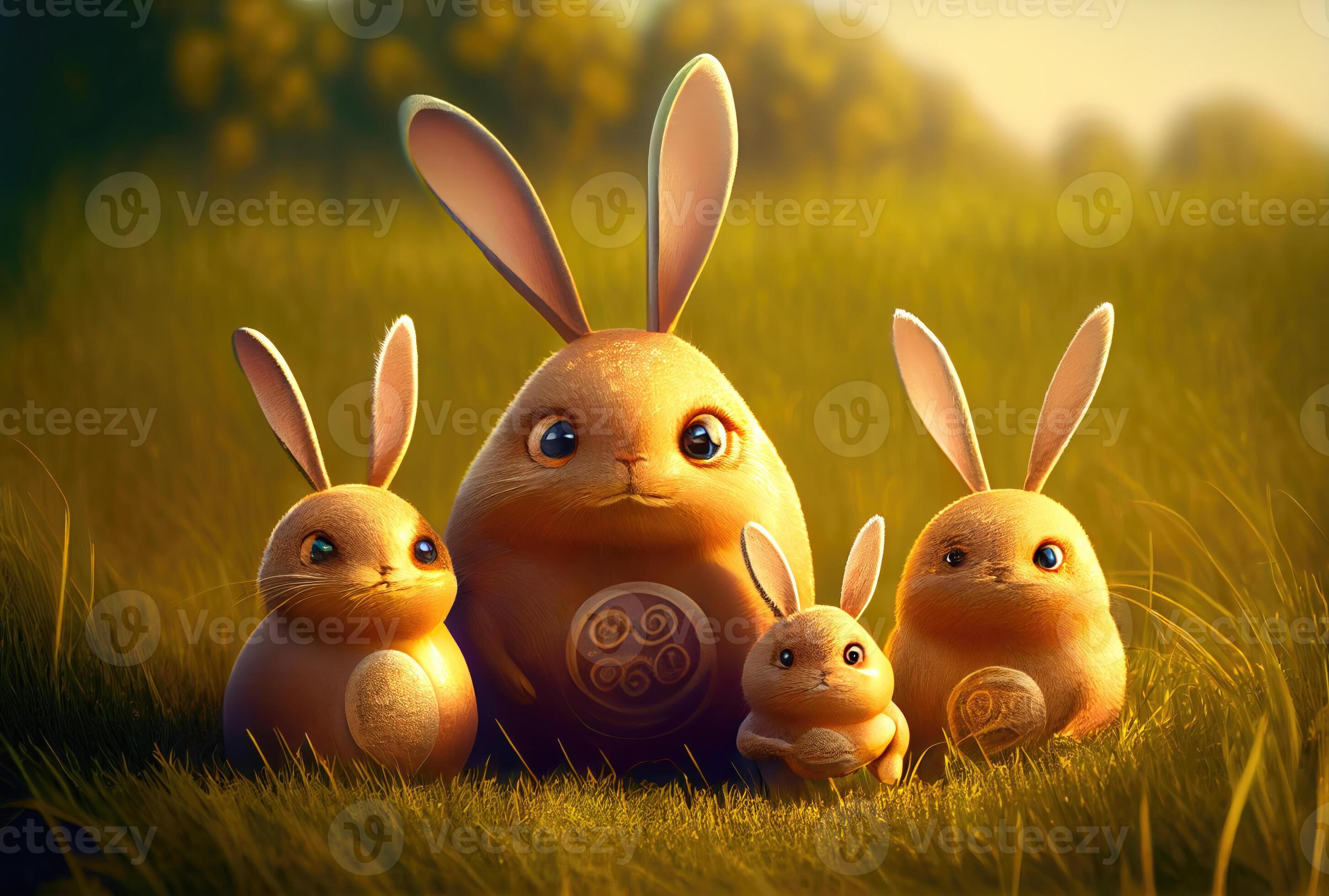 Cute rabbits family in the meadow with many Easter eggs in golden hour