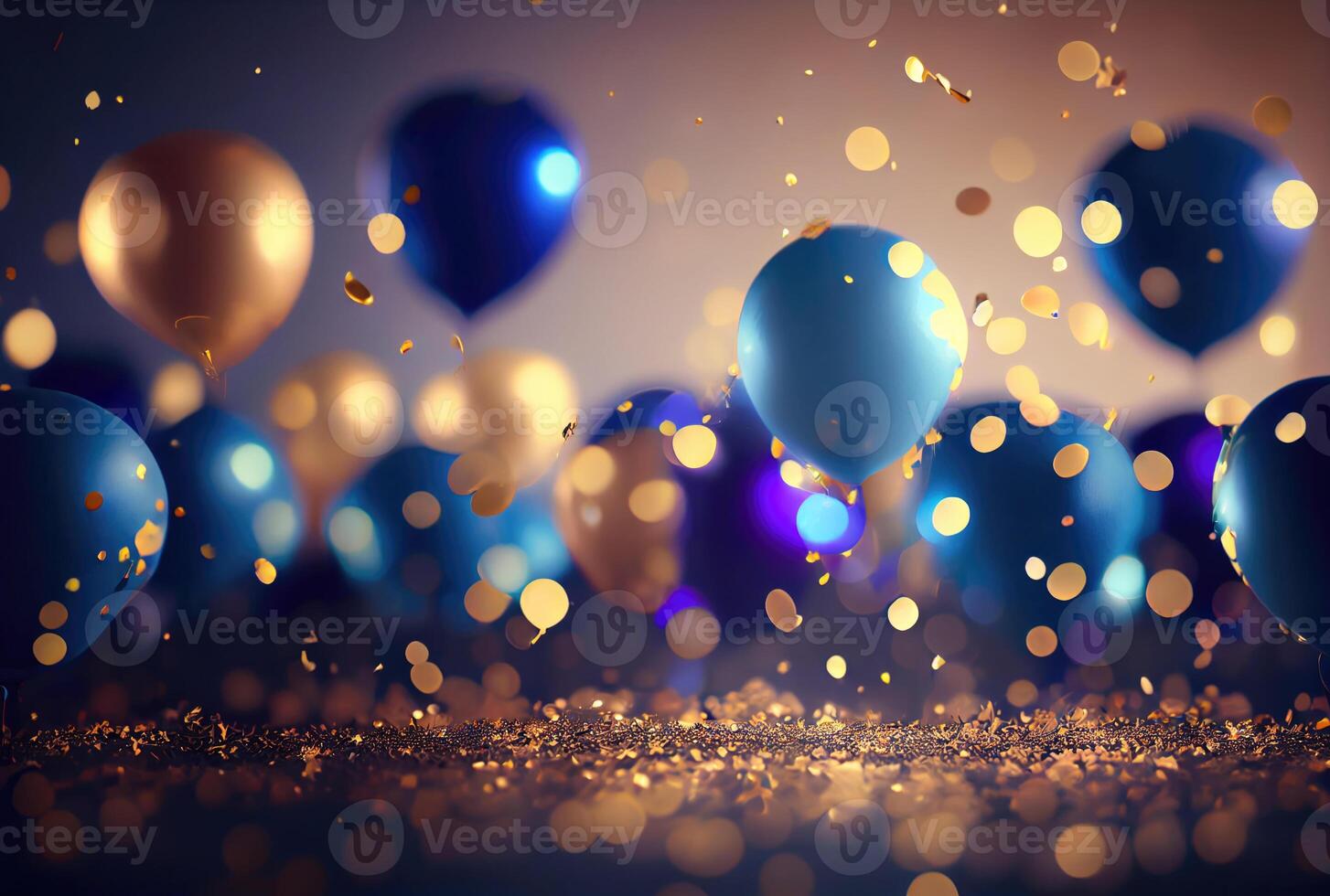 Blue and gold balloons for New Year party celebration with confetti background. photo