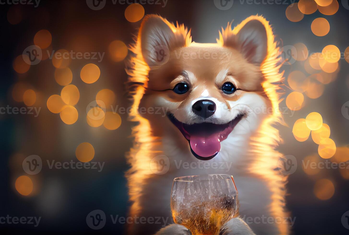 Happy Chihuahua dog with toasted wine glass in party and golden bokeh light background. Animal and pet concept. Digital art illustration. photo