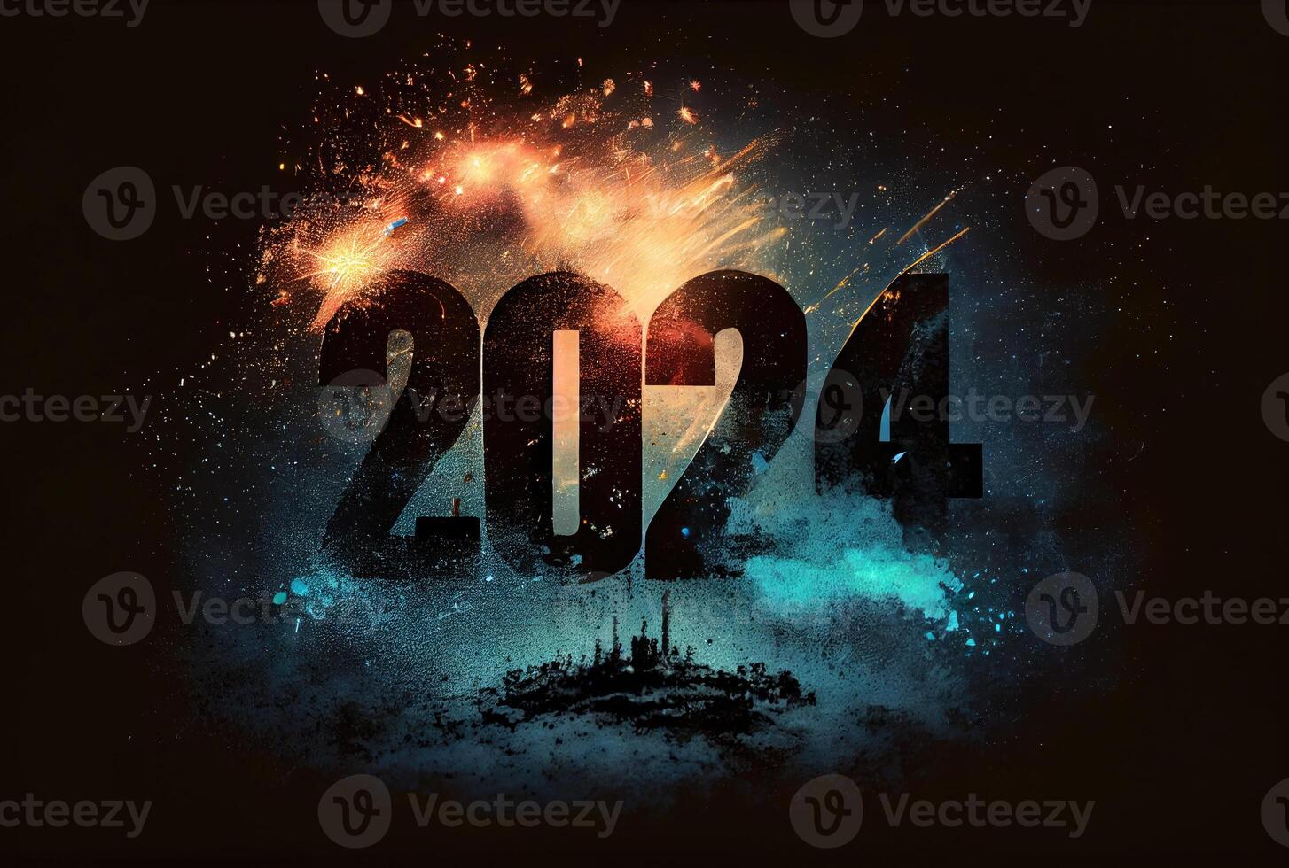 contento nuevo año 2024 con mundo maravilloso fantasía ciudad y fuegos artificiales antecedentes. fiesta y cultura concepto. digital Arte ilustración. generativo ai foto