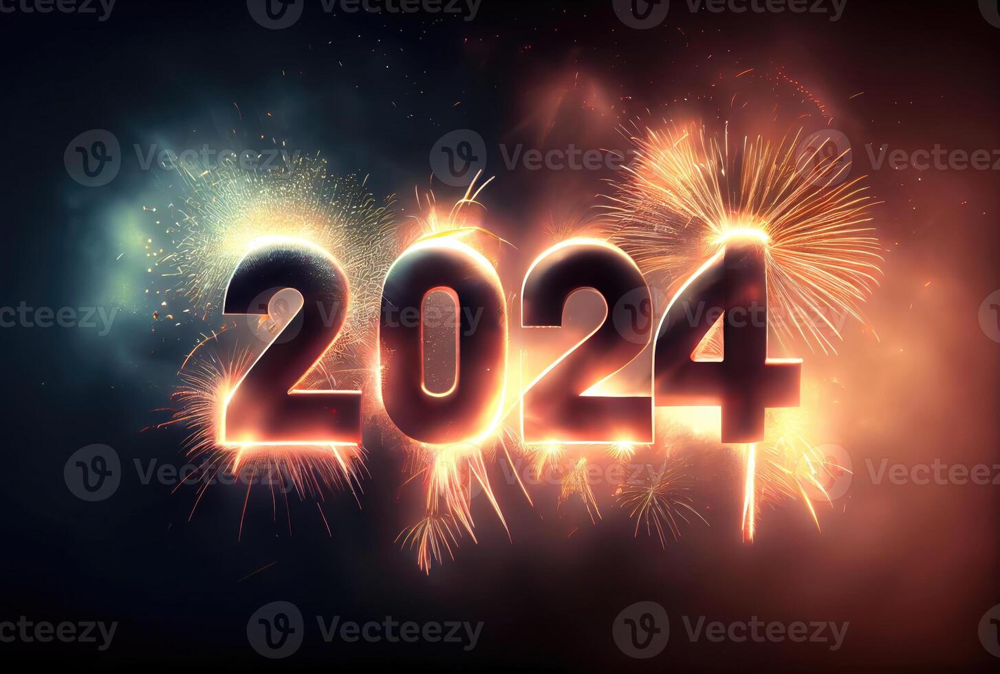 2024 nuevo año celebracion con vistoso fuegos artificiales en oscuro antecedentes. contento nuevo año el año de continuar y saludo tarjeta concepto. generativo ai foto