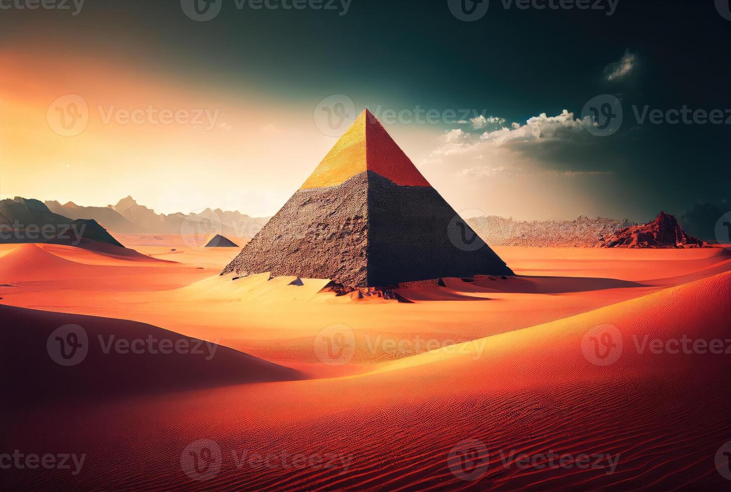 Pyramid in the sand dune desert and sky background. Travel destination and architecture concept. Digital art illustration. photo