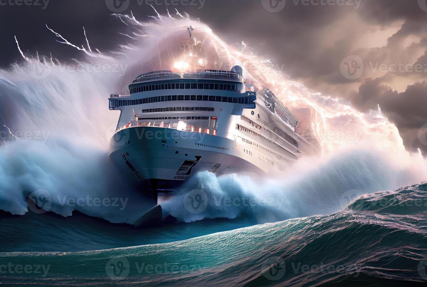 Cruise ship encounters huge waves and raging storms. Transportation and Nature concept. photo