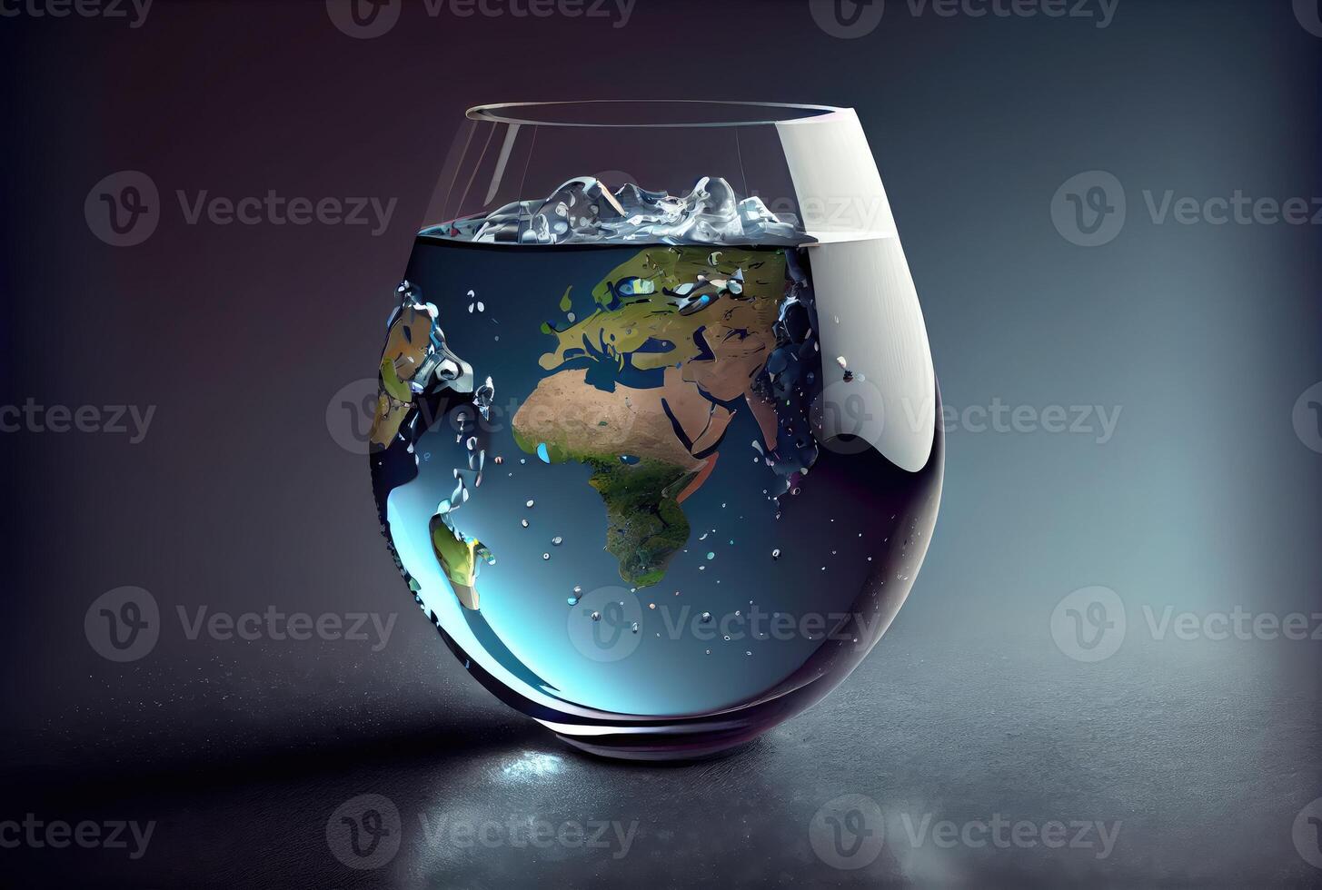 Earth in water bottle glass on the ground background. Environment and World savings concept. Digital art illustration. photo