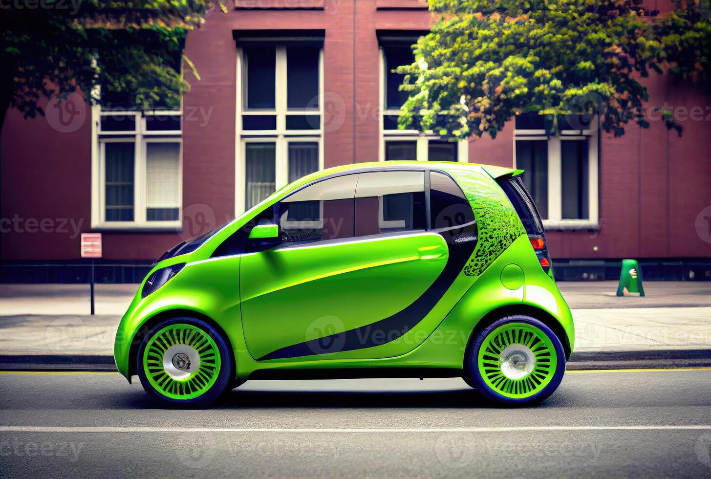 Green future car on the road in the city urban scene at day background. Technology and transportation concept. photo