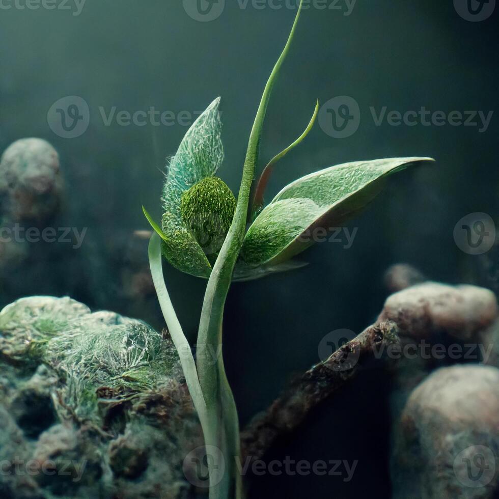 Close up of natural green small plant in the forest background. photo