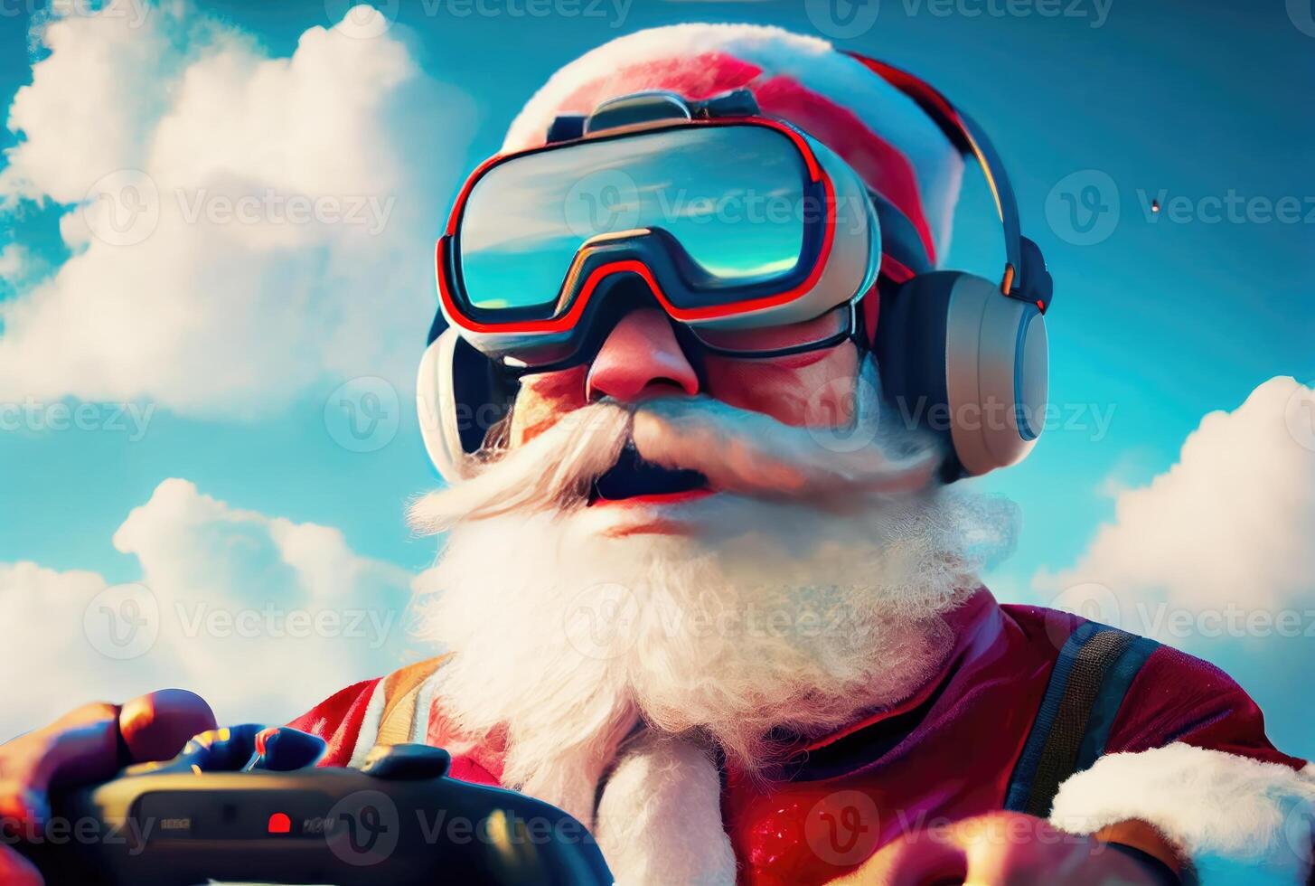 de cerca de Papa Noel claus controlador el volador zumbido con remoto controlar en el azul cielo y nublado antecedentes. alegre Navidad y contento nuevo año concepto. digital Arte ilustración. generativo ai foto