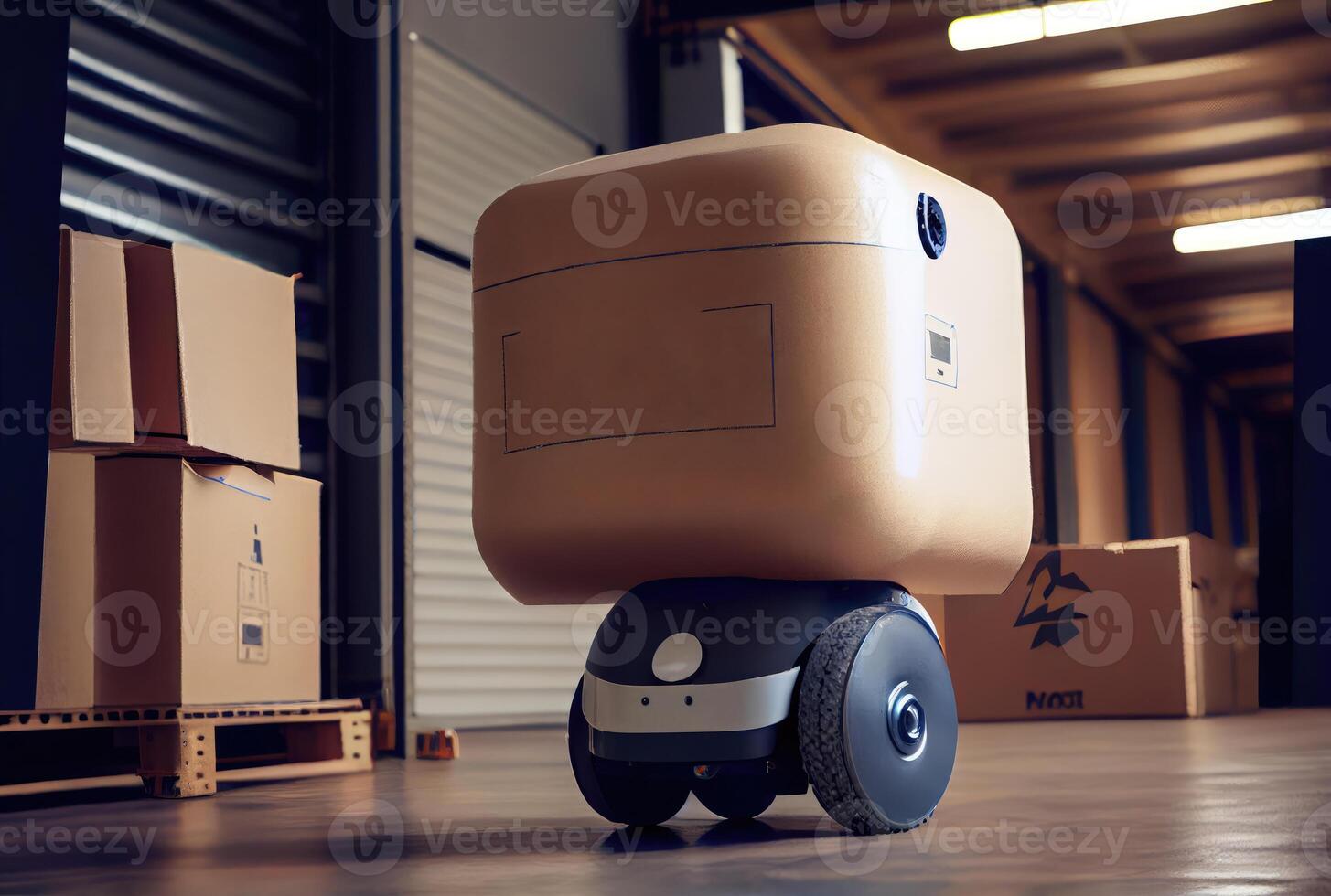 Robot AGV transporting cardboard box in warehouse background. Technology innovation and delivery concept. photo