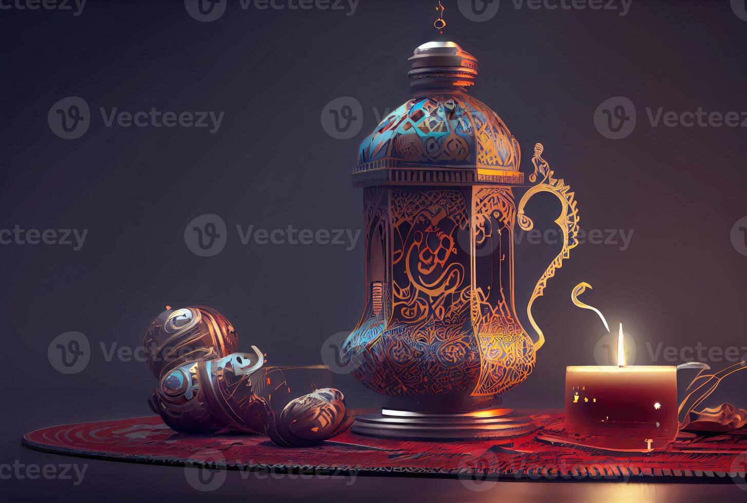 Ramadan festival lantern and props on the floor background. Culture and religion concept. Digital art illustration. photo