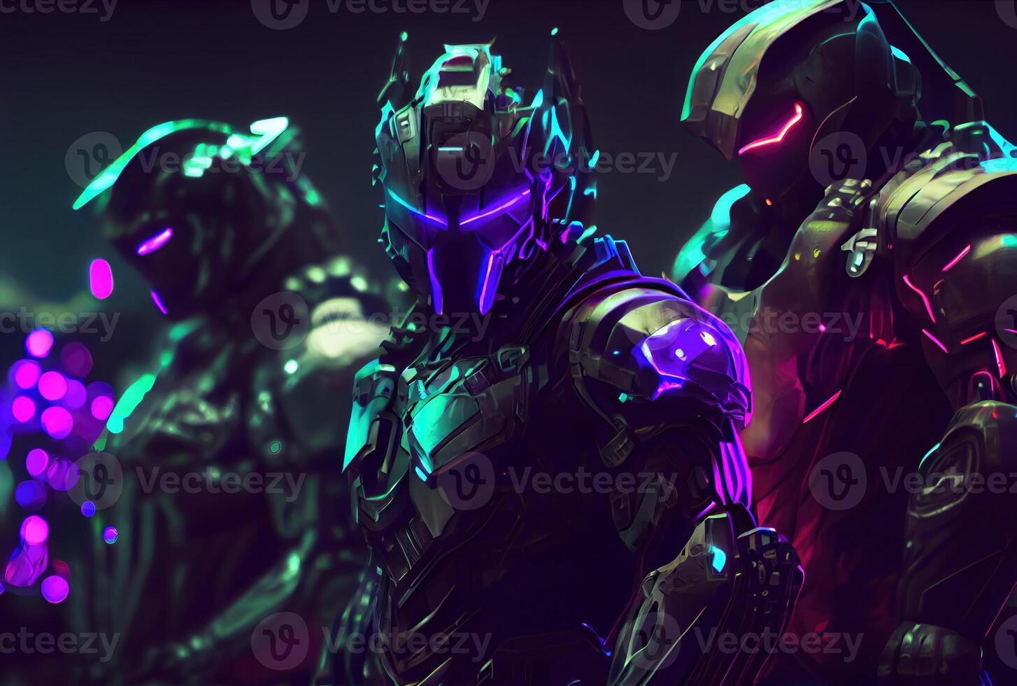 Reunion of men team squad in cyberpunk city. Sci-fi and Futuristics concept. photo
