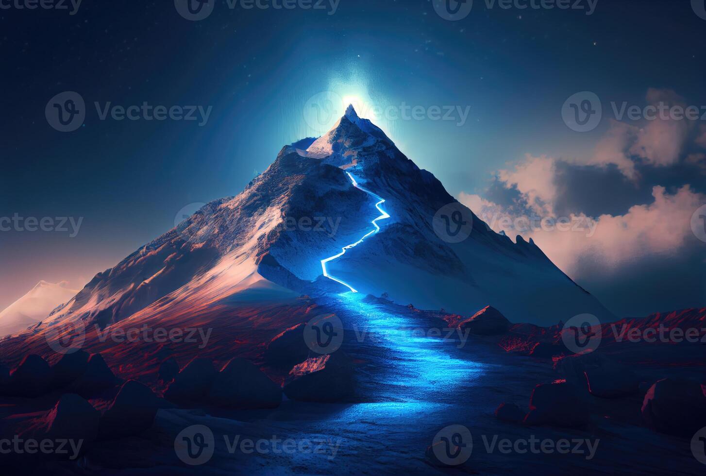 The glowing way to the blue mountain top fantasy illustration background. Business and Success concept. photo