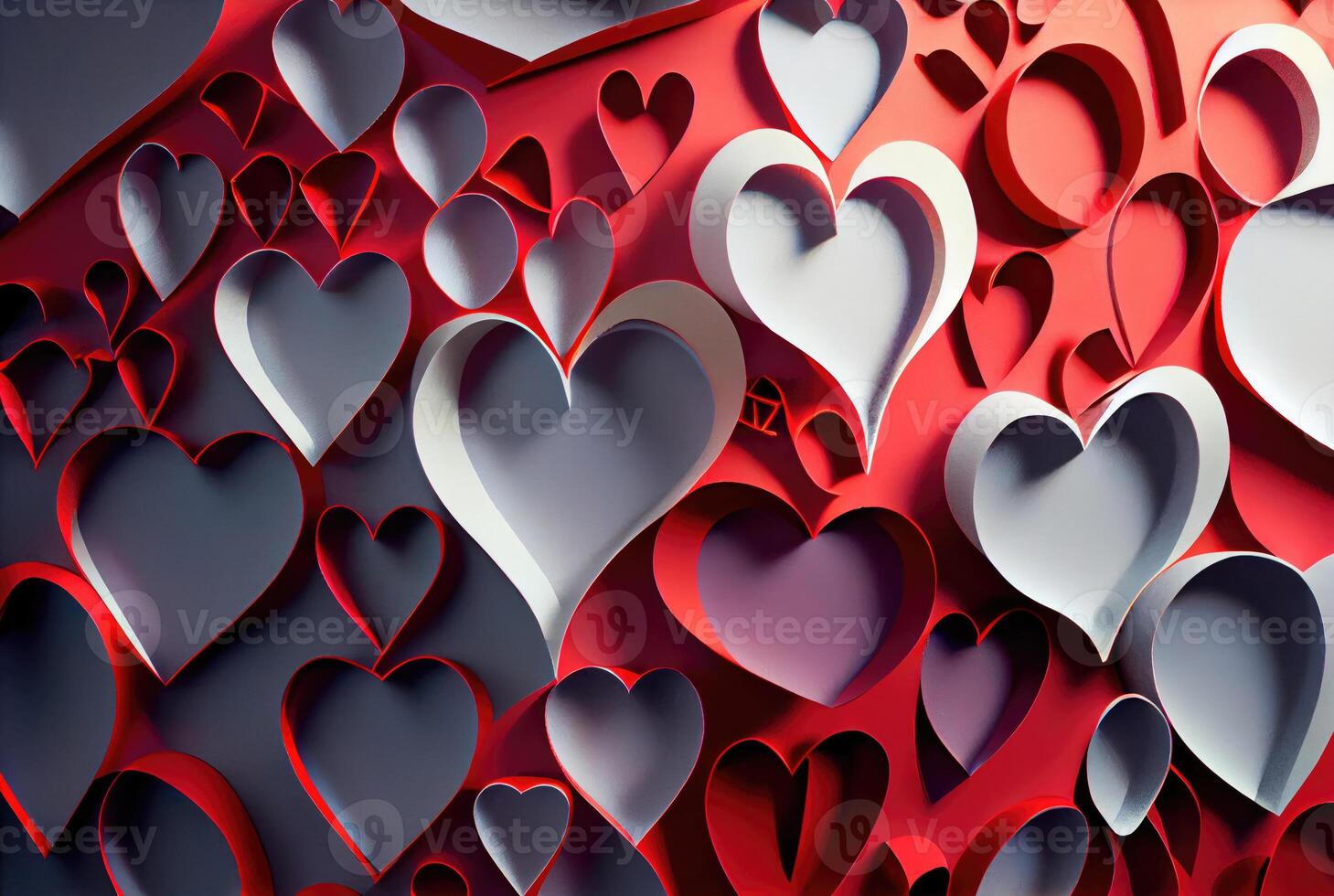 corte de papel rojo y blanco corazones origami antecedentes. amor historia y san valentin día fondo de pantalla concepto. generativo ai foto