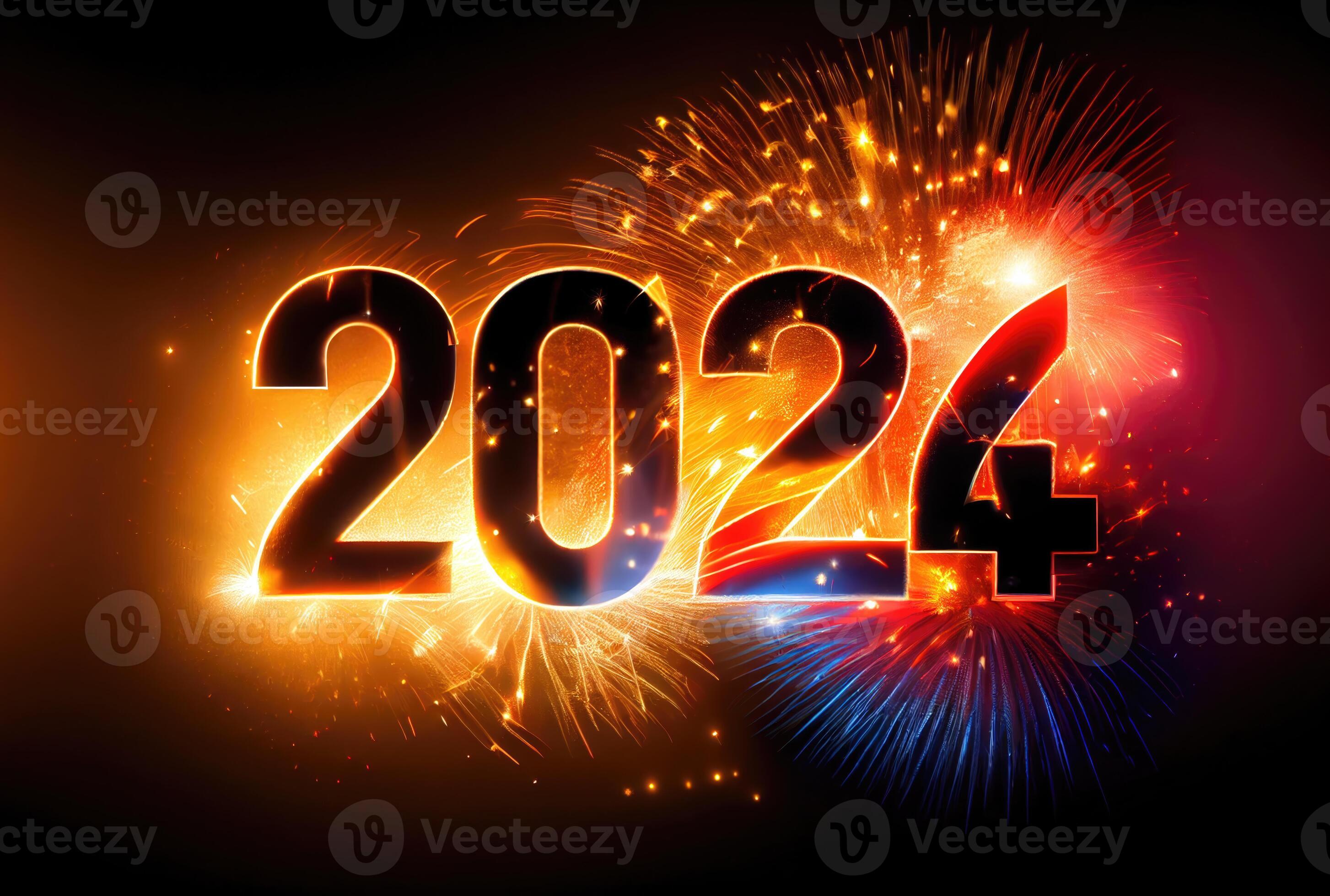 2024 New Year celebration with colorful fireworks on dark background