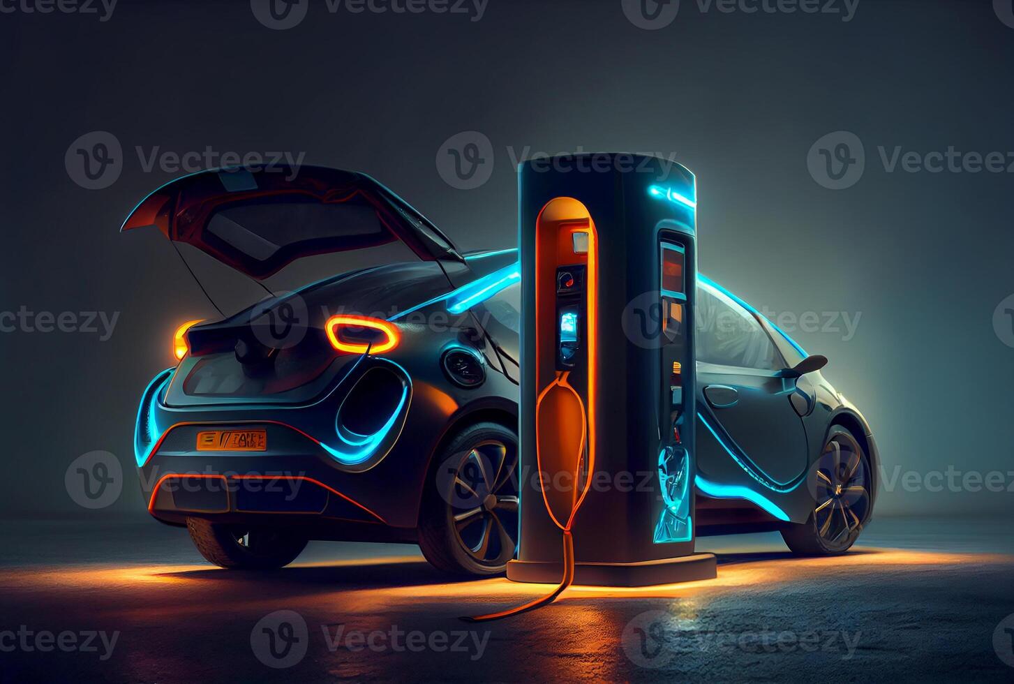 EV car with Electric charging station charger and blue glowing light stripe. Technology and transportation concept. photo