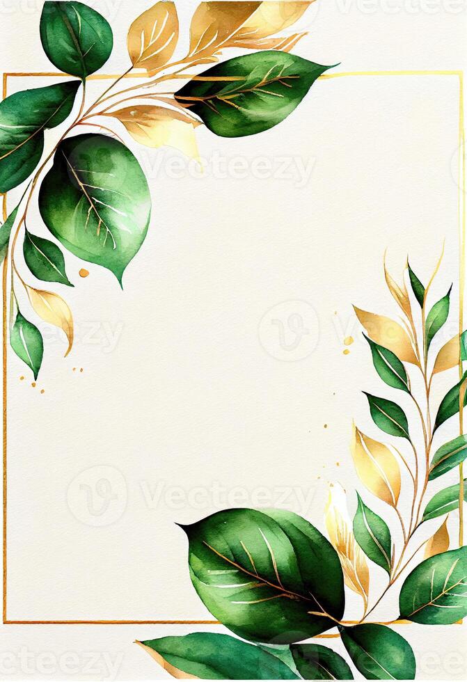 Green leaves with golden frame template and copy space for greeting wedding card and advertising concept art. photo