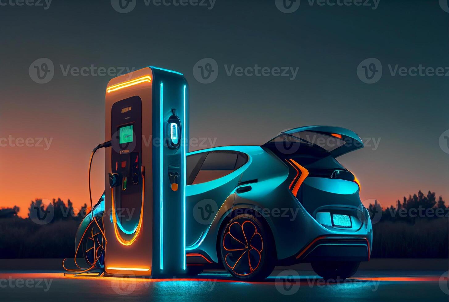 EV car with Electric charging station charger and blue glowing light stripe. Technology and transportation concept. photo