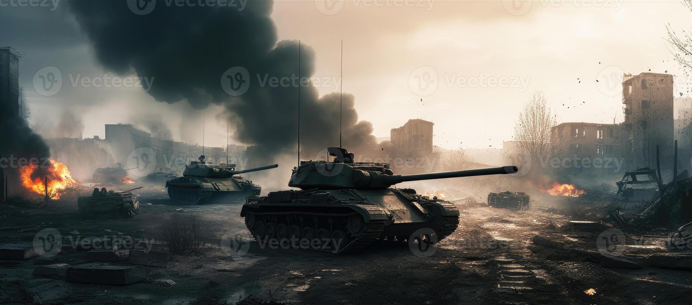 Battlefield with soldiers and tanks among collapsed buildings and fires in the big city. War and battle concept. photo