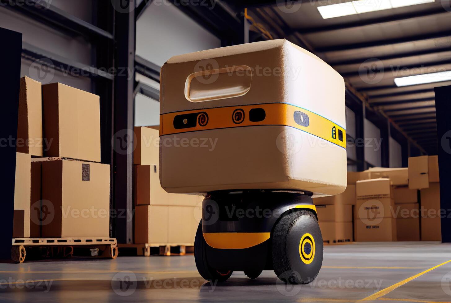 Robot AGV transporting cardboard box in warehouse background. Technology innovation and delivery concept. photo