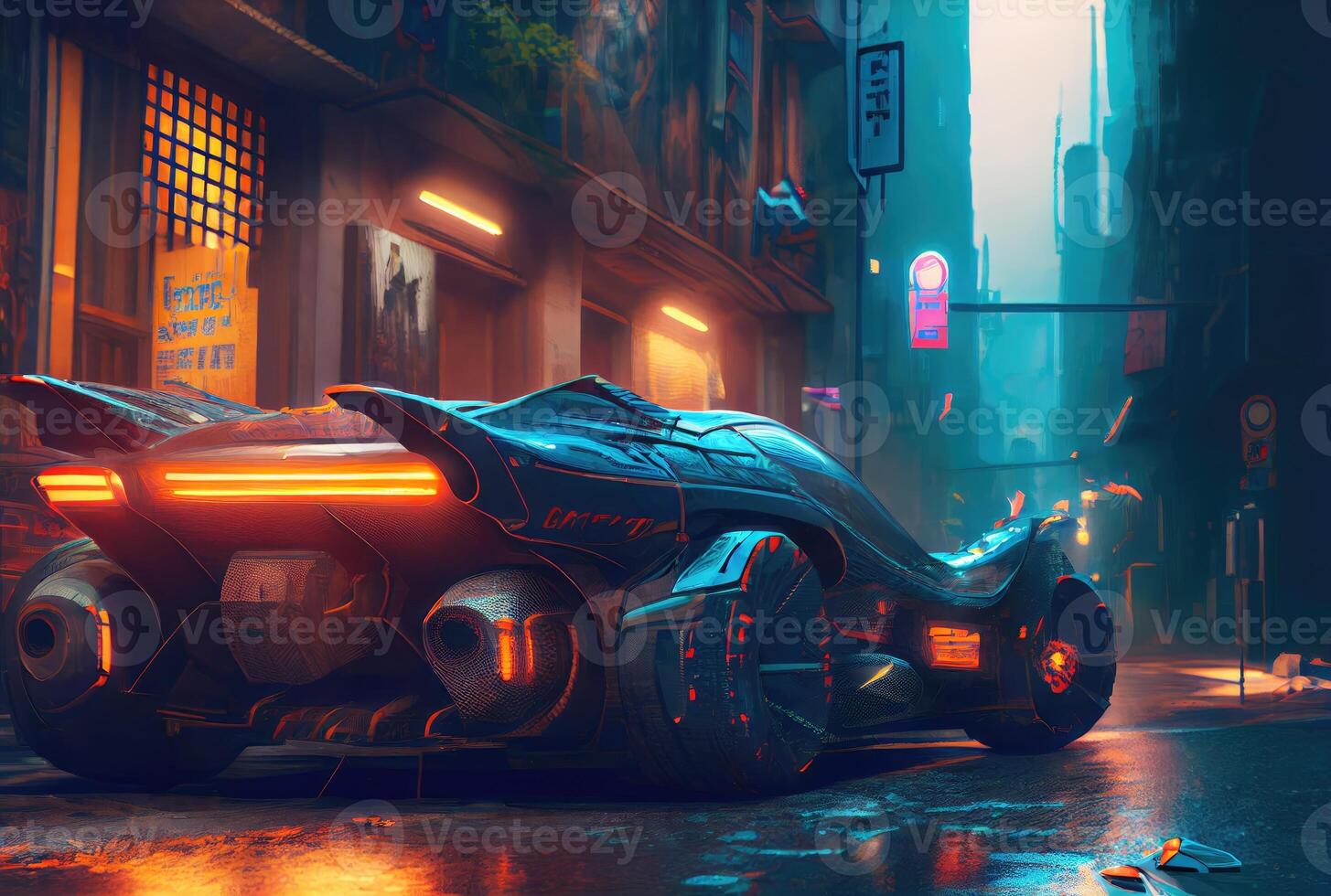 Futuristics car model in orange blue and pink color cyberpunk in dark city downtown background. Transportation and Innovative technology concept. Digital art fantasy illustration. photo