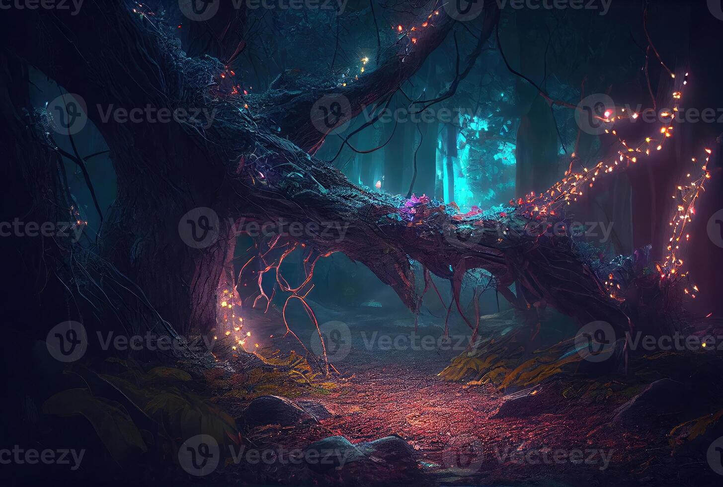 Dark Spooky Enchanted Forest With Glowing Fairy Light And Fireflies Dark Spooky Enchanted Forest With Glowing Fairy Light And Fireflies Generative Ai Photo