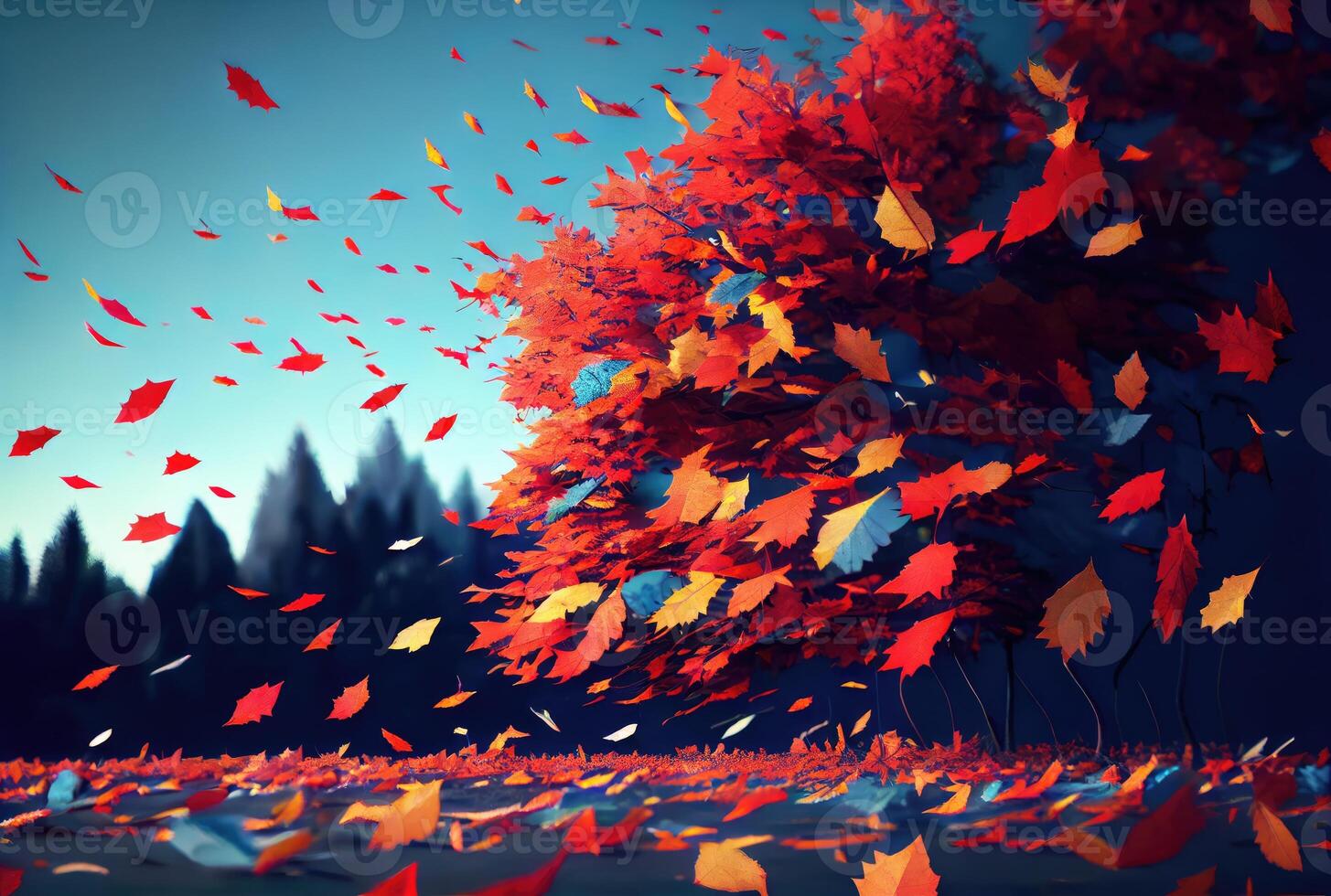 Red maple leaves in the wind with landscape background. Autumn and fall