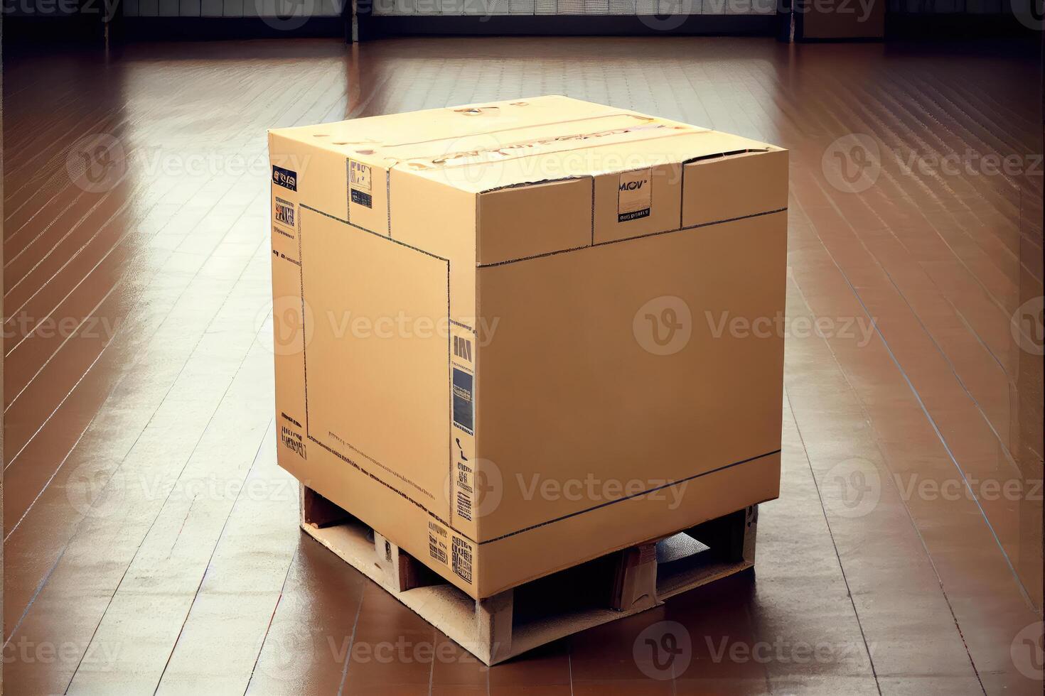 Cardboard box on the wooden pallet for exporting in the factory warehouse floor background. Innovative warehouse technology and Transporting industrial concept. photo